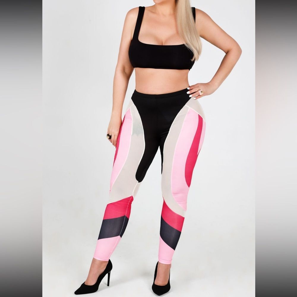 Pink Stretch Leggings Sheer Black‎ Stretch NWT  Sexy Barbie Tight Club Pants
